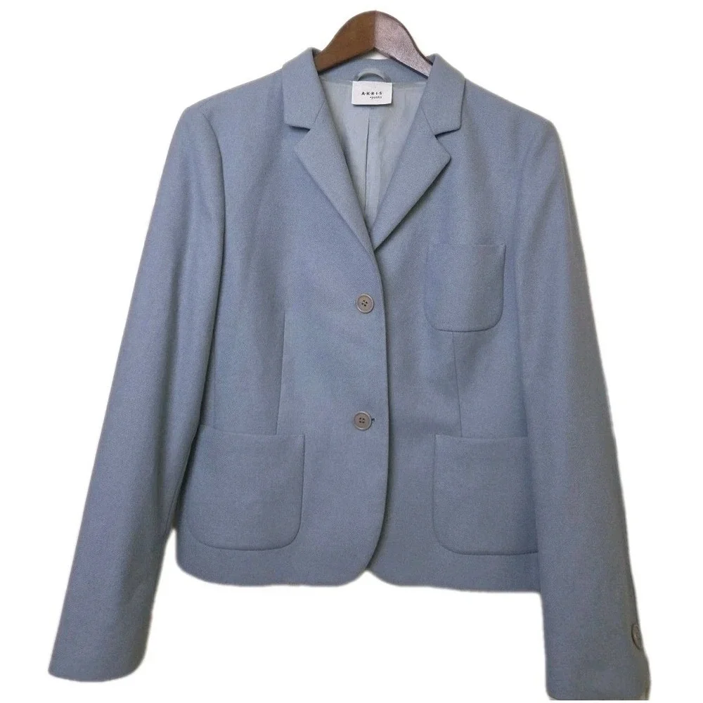 AKRIS PUNTO Blue‎ Wool Angora 2 Button Blazer Jacket Sz 8 Boxy Italy Luxury